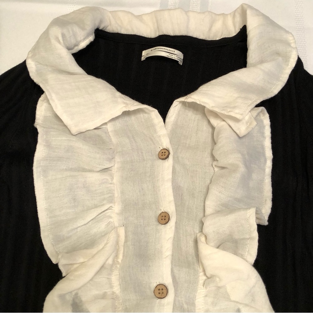Anthropologie Black Cardigan Button Front with White Ruffle Trim Size S - Picture 3 of 8